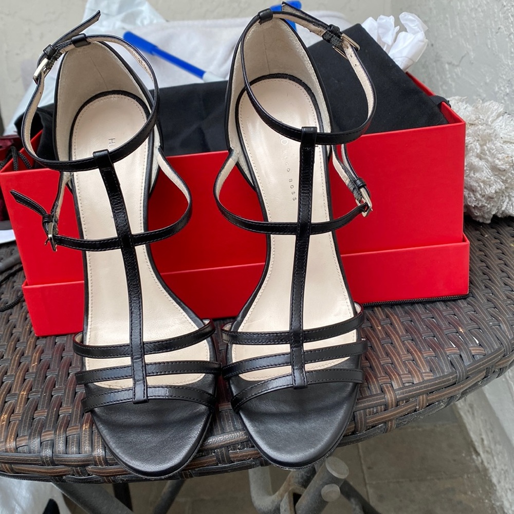 Hugo Boss Black Strappy T‑Bar High Heel Sandals